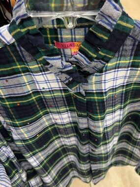 Vilagallo Navy, Green & White Plaid Shirt with Subtle Sequin Detail